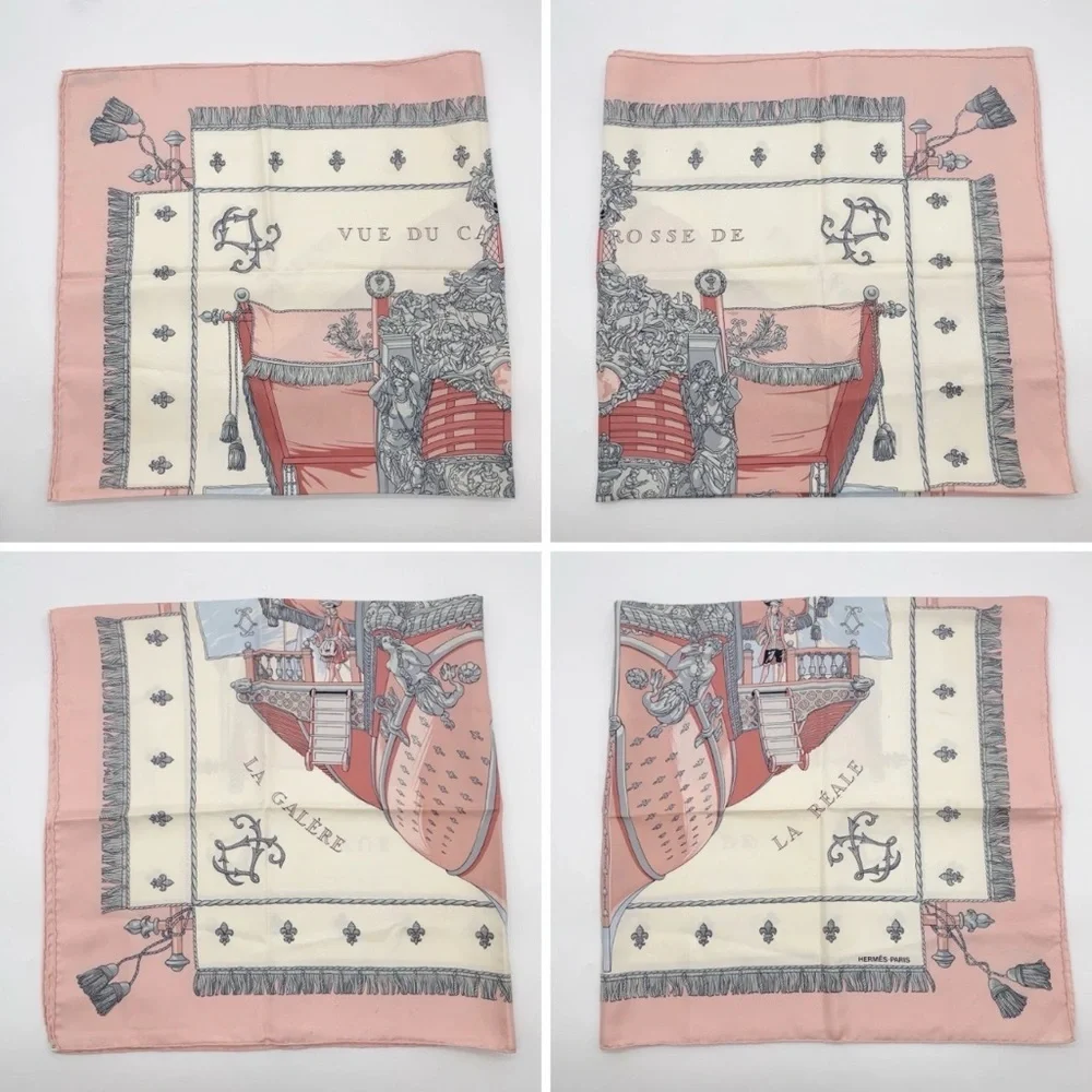 HERMES Vintage Carre 90 Silk Pink “Vue du Carrosse de la Galere la Reale Scarf